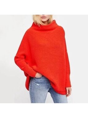 Free People Oversized Funnel Neck Sweater - Bright Red